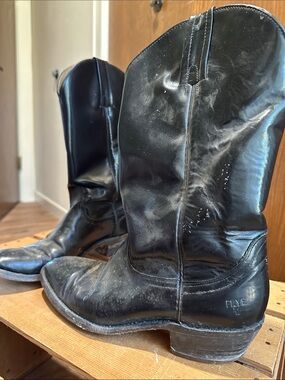 Frye Black Leather Western Boots with Stacked Heel